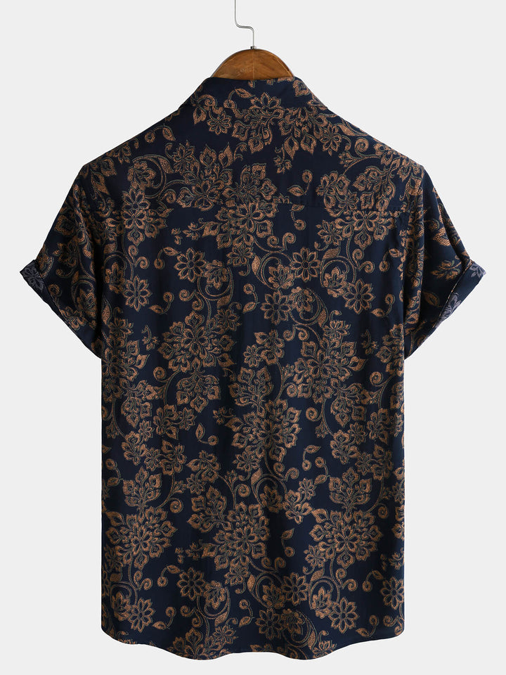 Chemise Homme à Manches Courtes en Rayonne avec Imprimé Paisley Bleu Marine Style Rétro Bohème