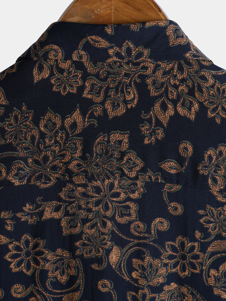 Chemise Homme à Manches Courtes en Rayonne avec Imprimé Paisley Bleu Marine Style Rétro Bohème