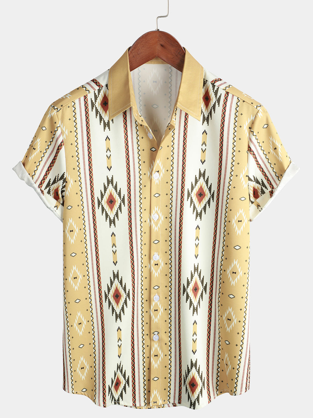 Chemise Vintage pour Homme à Rayures Verticales à Manches Courtes Style Rétro des Années 70 avec Imprimé Azteque