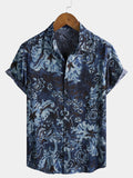 Chemise homme en rayonne à imprimé floral bleu style vintage manches courtes
