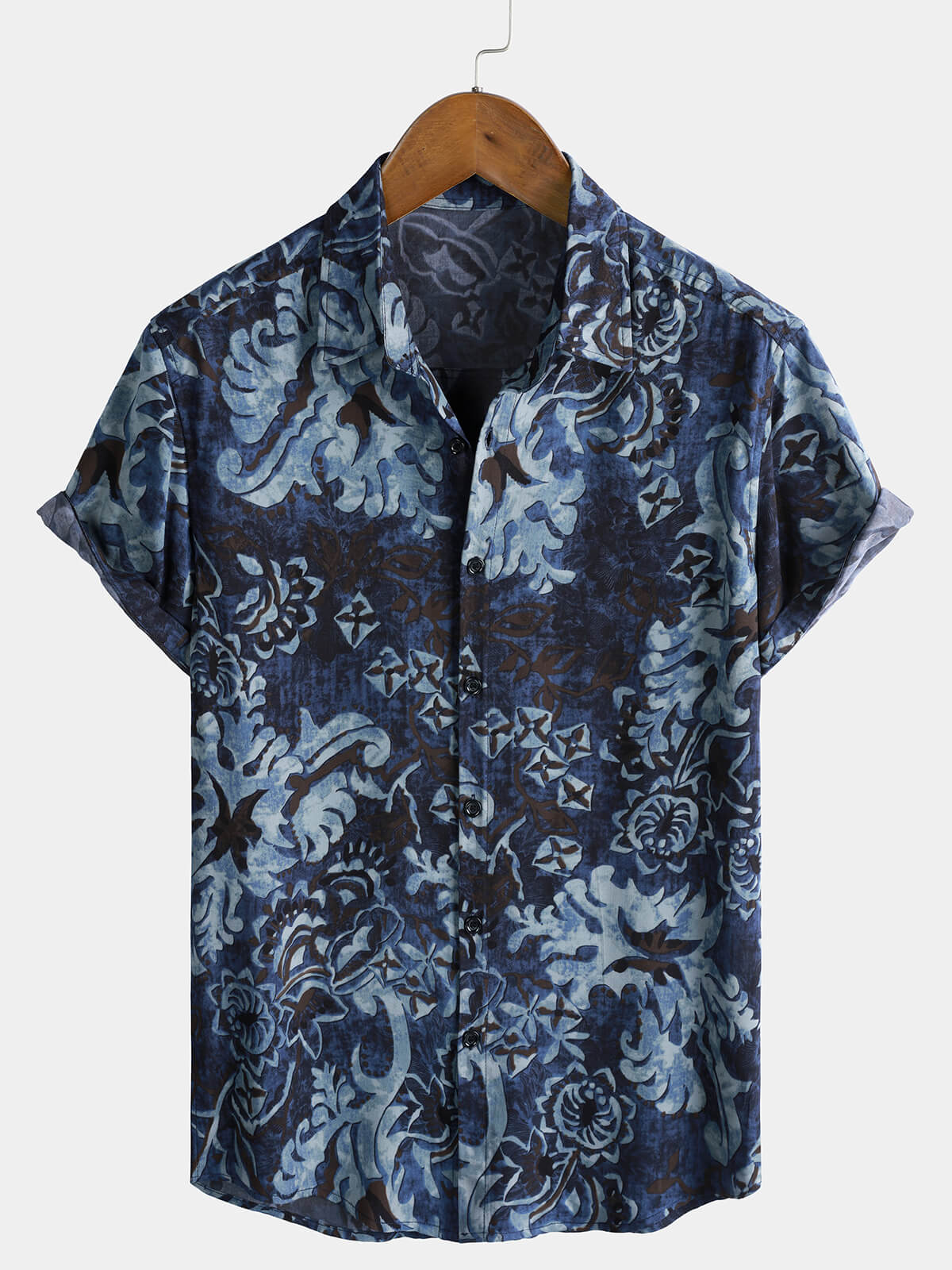 Chemise homme en rayonne à imprimé floral bleu style vintage manches courtes