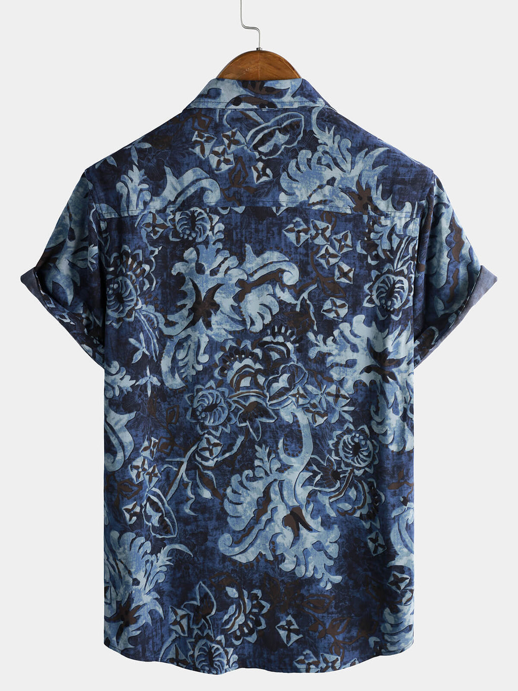 Chemise homme en rayonne à imprimé floral bleu style vintage manches courtes