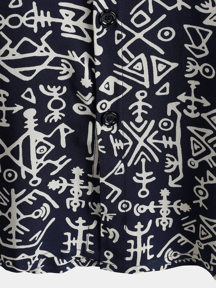 Chemise homme manches courtes imprimé tribal symboles bleu marine en rayon