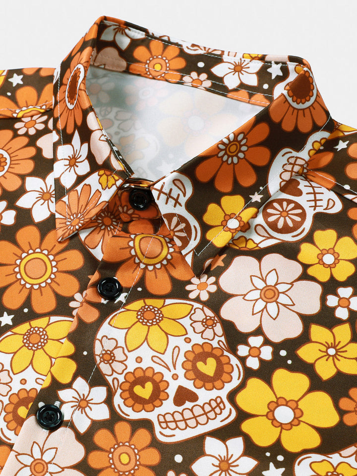 Chemise Homme à Imprimé Sugar Skull et Marguerites Style Vacances Manches Courtes