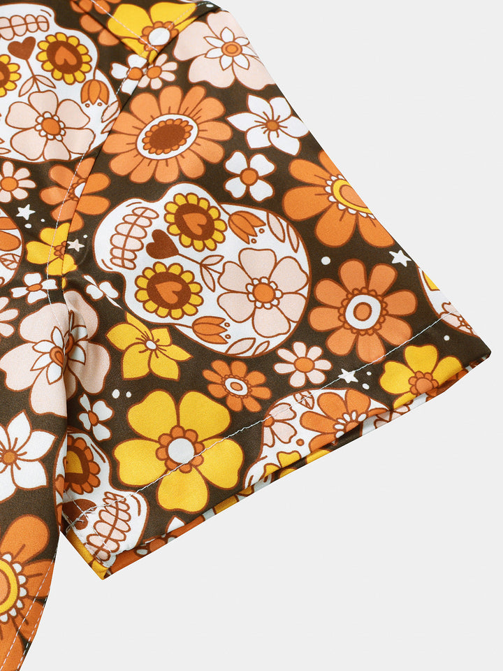 Chemise Homme à Imprimé Sugar Skull et Marguerites Style Vacances Manches Courtes