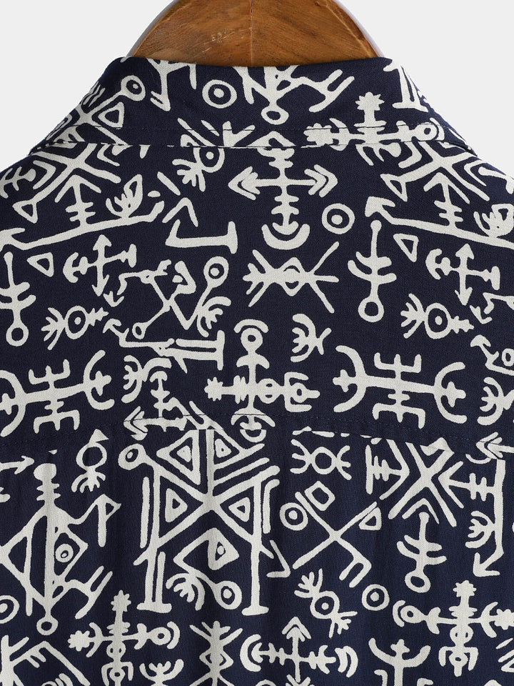 Chemise homme manches courtes imprimé tribal symboles bleu marine en rayon
