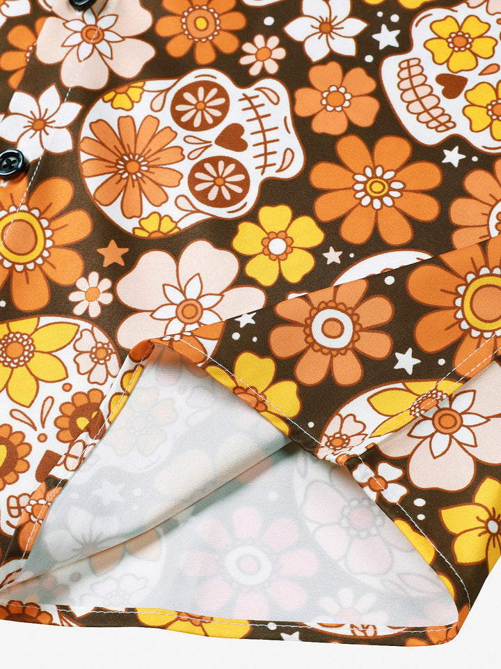 Chemise Homme à Imprimé Sugar Skull et Marguerites Style Vacances Manches Courtes