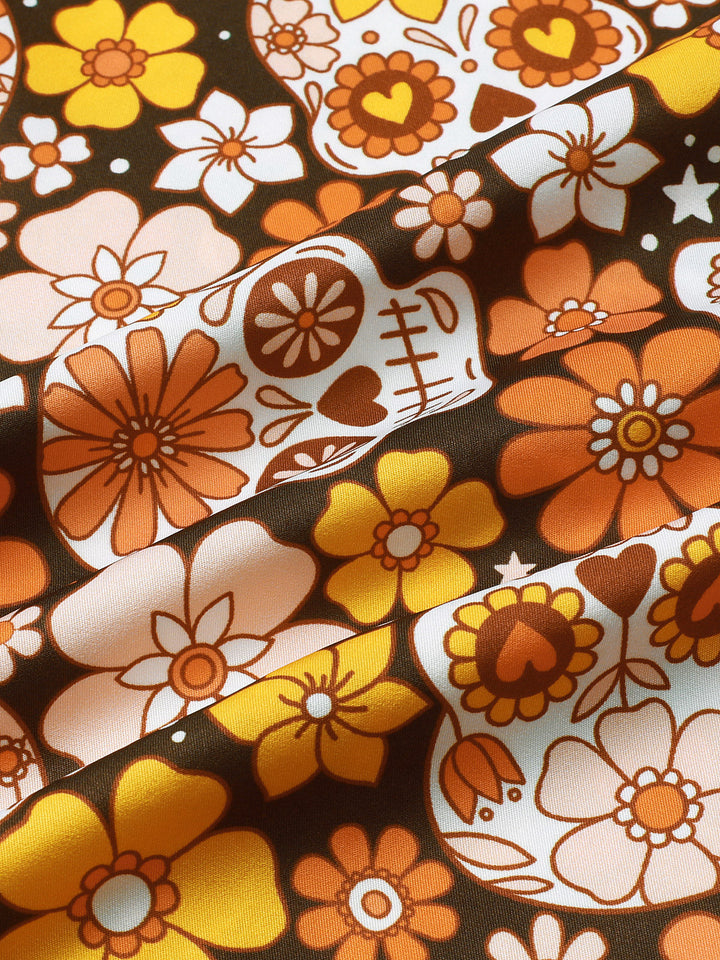 Chemise Homme à Imprimé Sugar Skull et Marguerites Style Vacances Manches Courtes