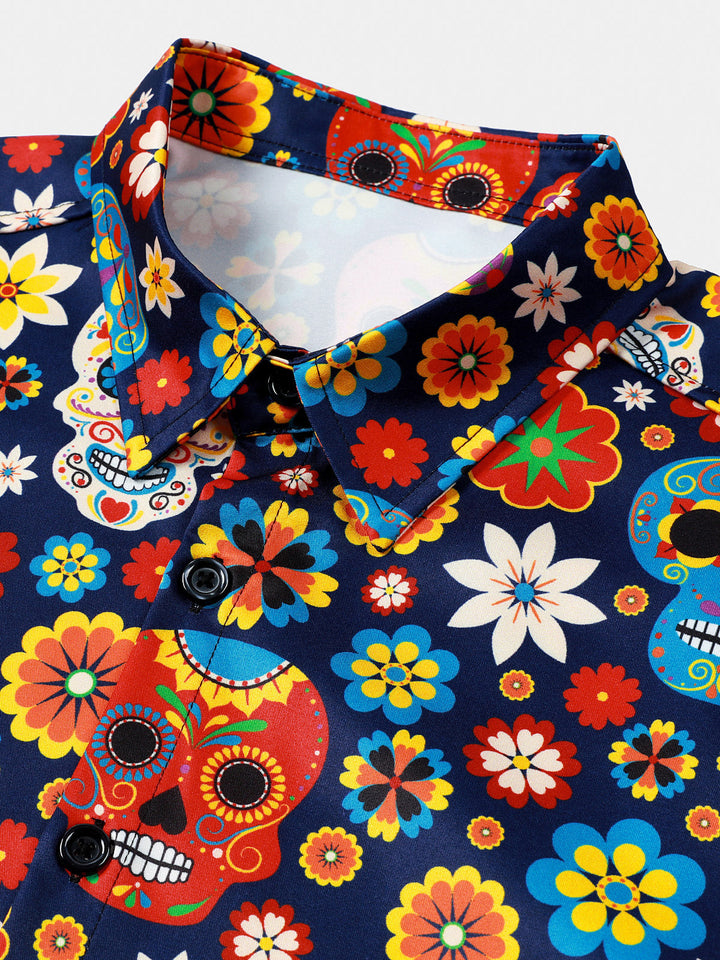 Chemise Homme à Motif Sugar Skull Style Punk Rock Vacances Plage Manches Courtes