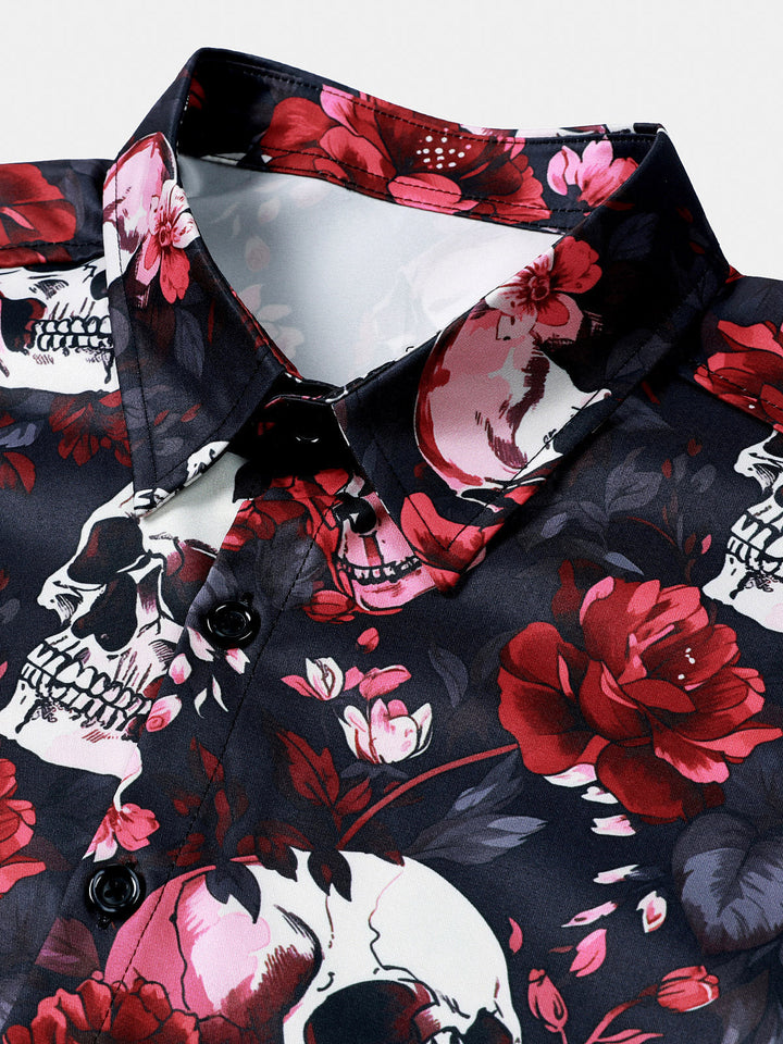 Chemise Homme à Imprimé Floral et Tête de Mort Style Punk Rock Plage Manches Courtes