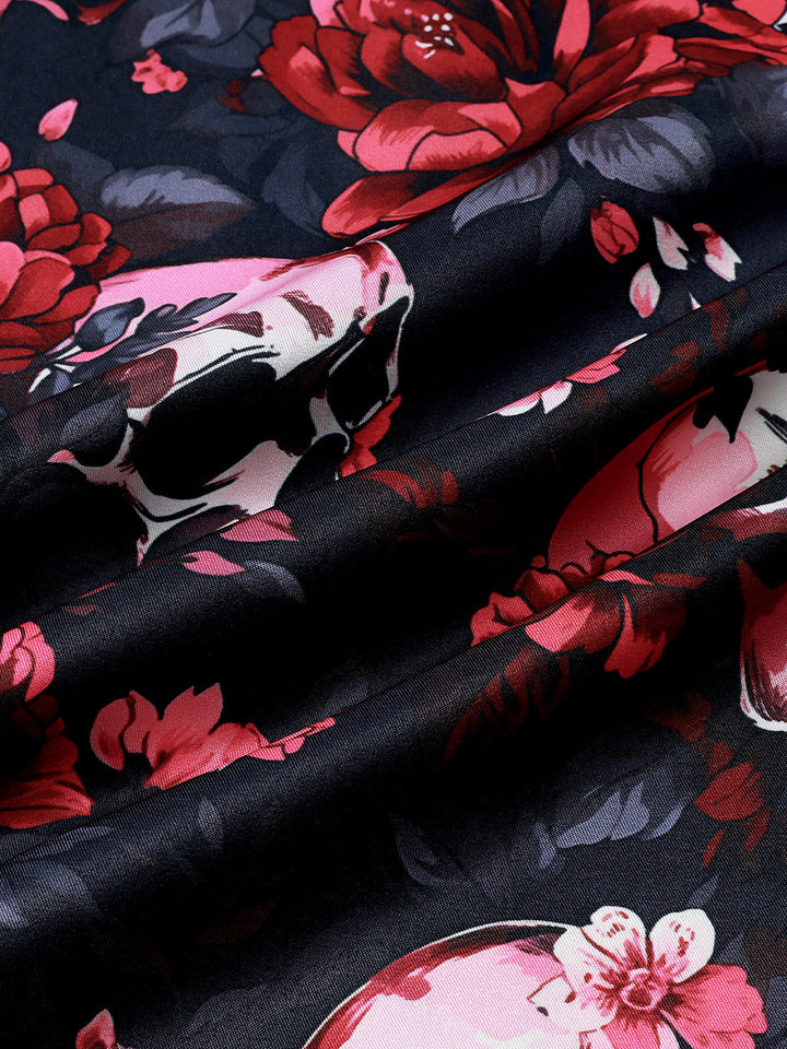 Chemise Homme à Imprimé Floral et Tête de Mort Style Punk Rock Plage Manches Courtes