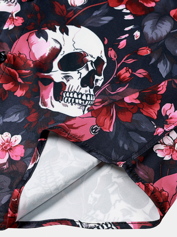Chemise Homme à Imprimé Floral et Tête de Mort Style Punk Rock Plage Manches Courtes