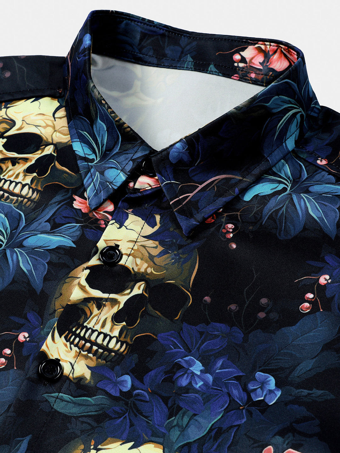 Chemise Homme à Imprimé Tête de Mort Dorée et Floral Style Punk Manches Courtes