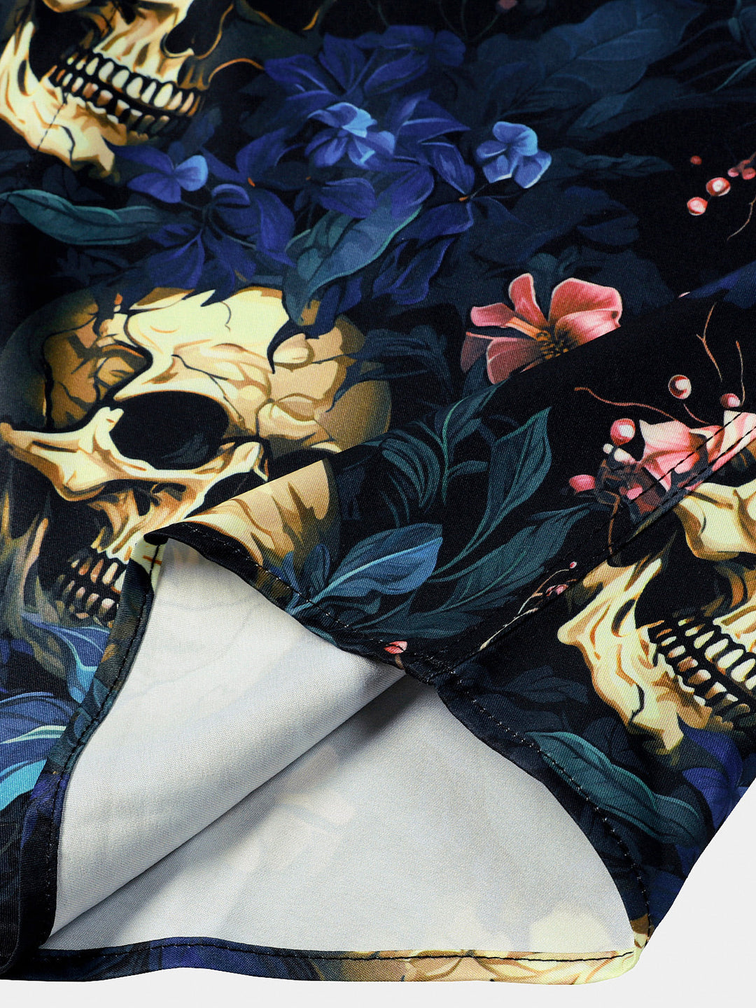Chemise Homme à Imprimé Tête de Mort Dorée et Floral Style Punk Manches Courtes