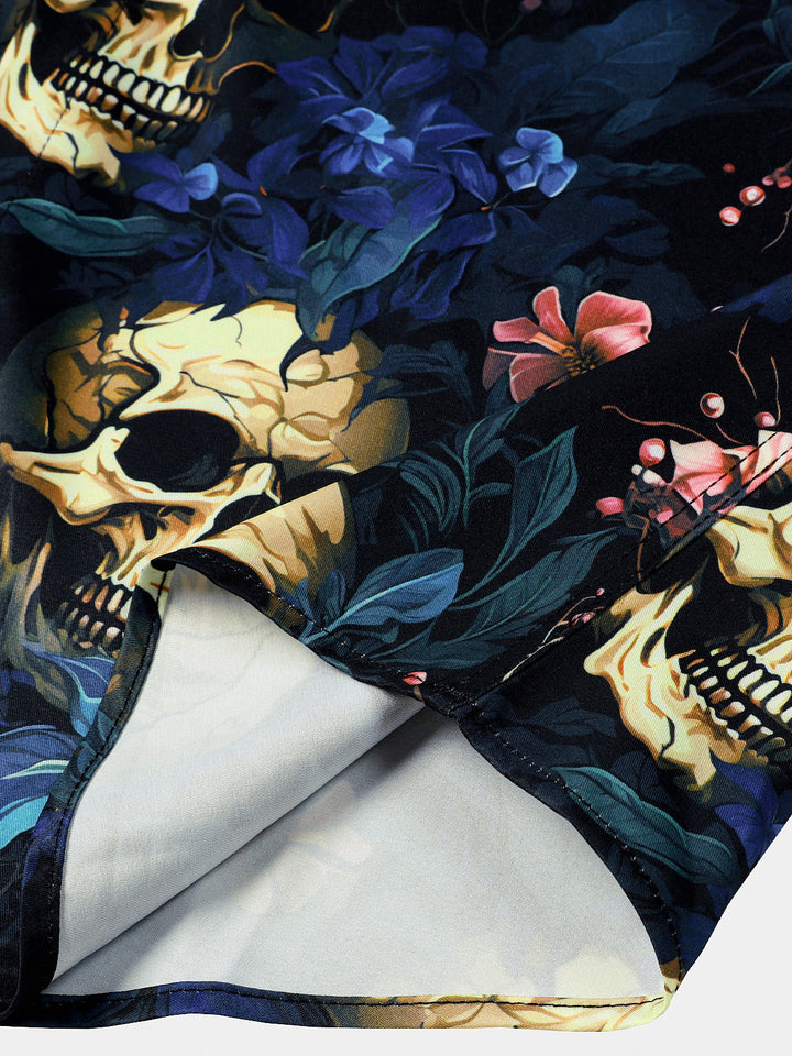 Chemise Homme à Imprimé Tête de Mort Dorée et Floral Style Punk Manches Courtes