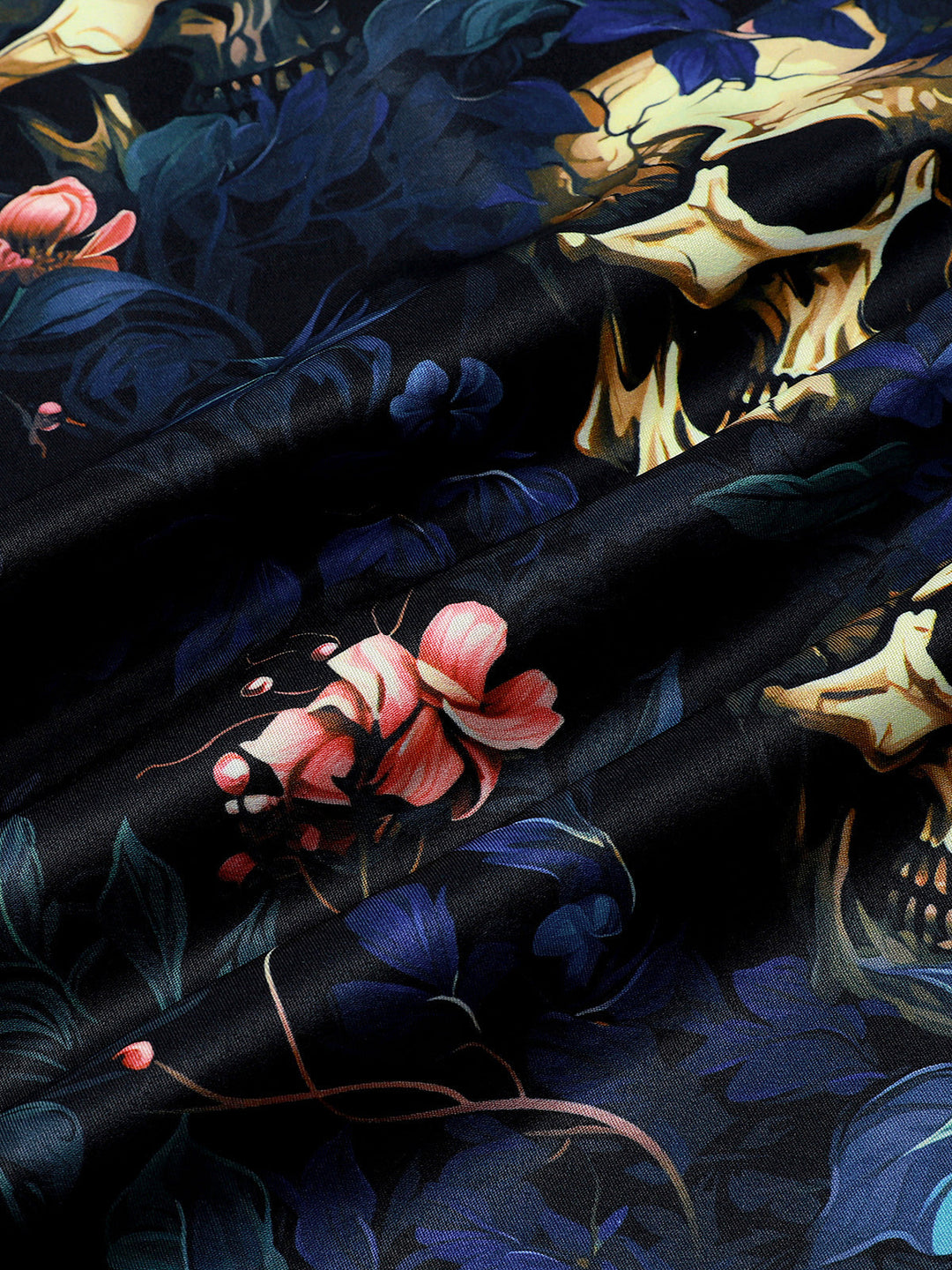 Chemise Homme à Imprimé Tête de Mort Dorée et Floral Style Punk Manches Courtes