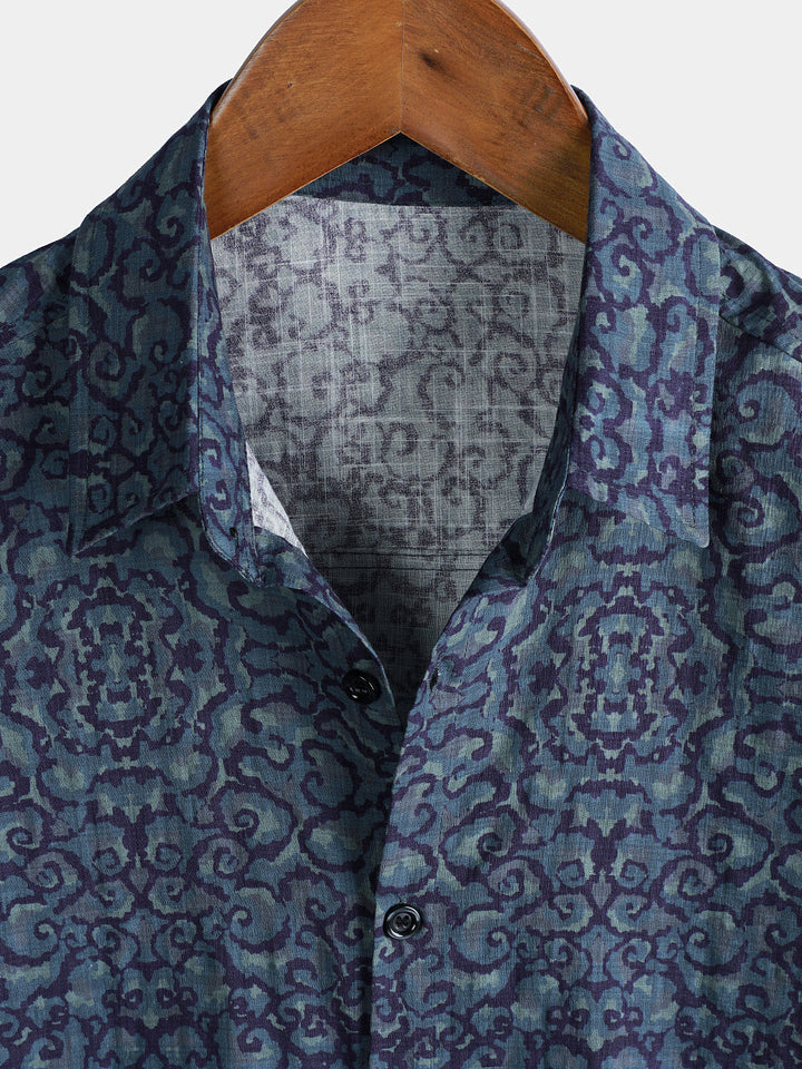 Chemise Homme Rétro Décontractée Motif Bleu à Manches Courtes