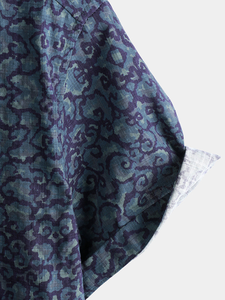 Chemise Homme Rétro Décontractée Motif Bleu à Manches Courtes