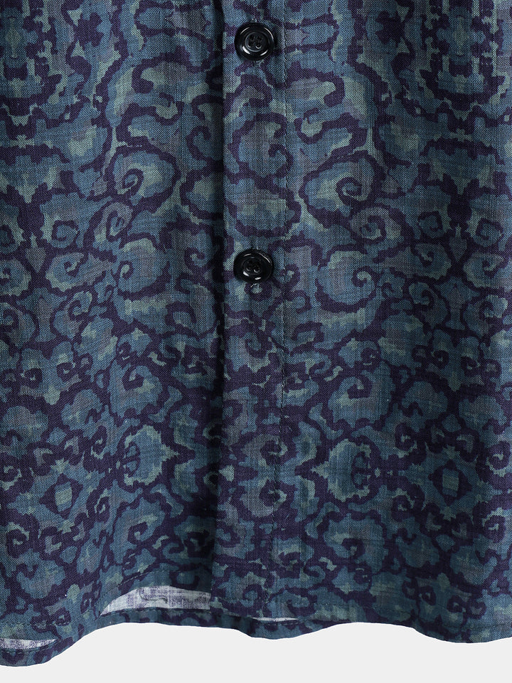 Chemise Homme Rétro Décontractée Motif Bleu à Manches Courtes