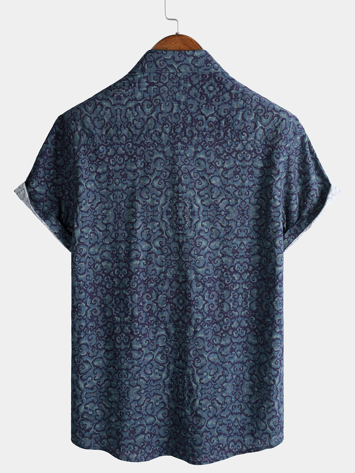 Chemise Homme Rétro Décontractée Motif Bleu à Manches Courtes