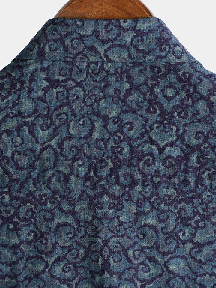 Chemise Homme Rétro Décontractée Motif Bleu à Manches Courtes