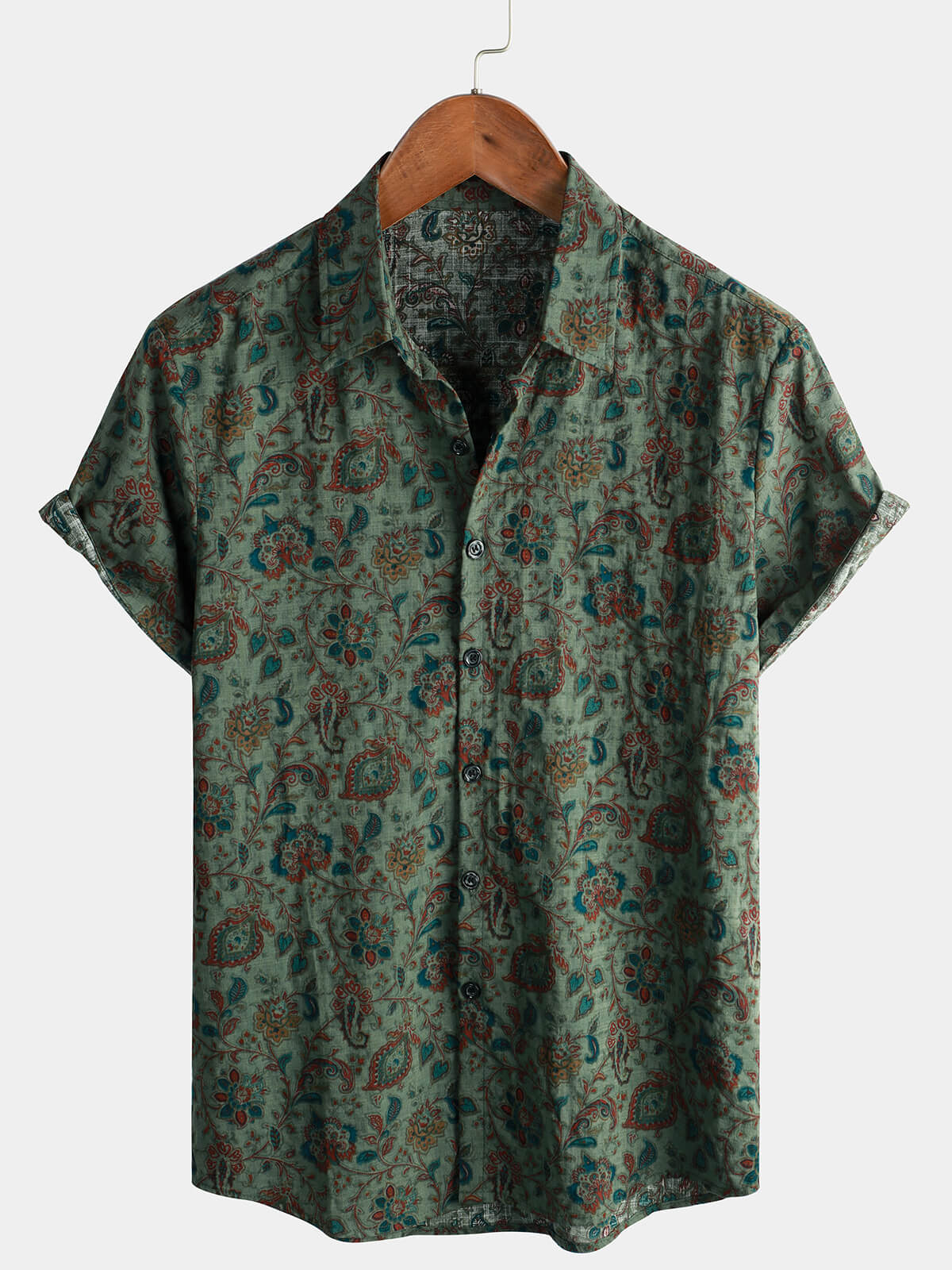 Chemise Vintage à Manches Courtes avec Boutons de Style Rétro Paisley Vert pour Homme des Années 70