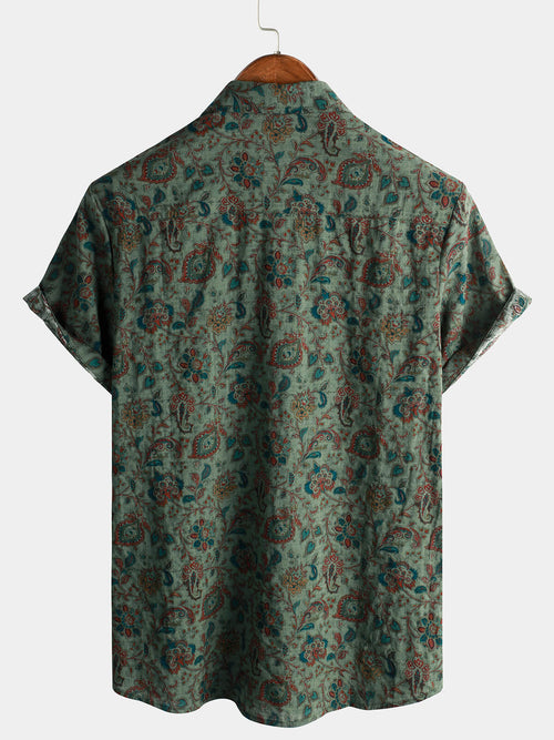 Men's 70s Green Paisley Retro Style Button-Down Short Sleeve Vintage Shirt