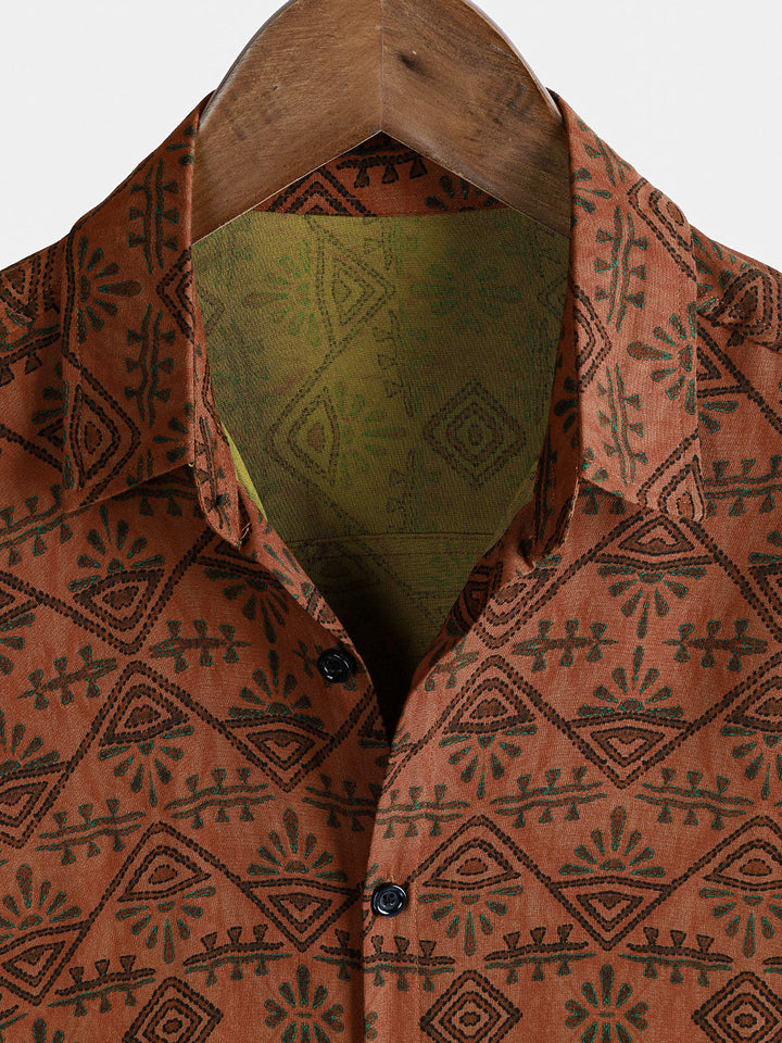 Chemise Homme Bohème en Rayon Imprimé Géométrique Tribal Orange à Manches Courtes