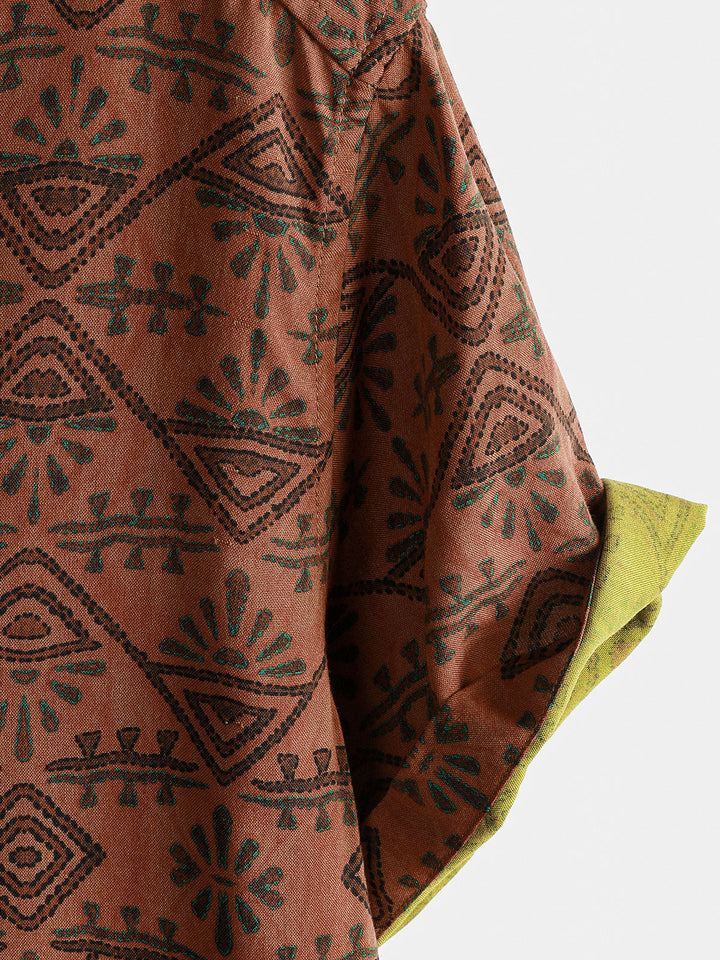 Chemise Homme Bohème en Rayon Imprimé Géométrique Tribal Orange à Manches Courtes