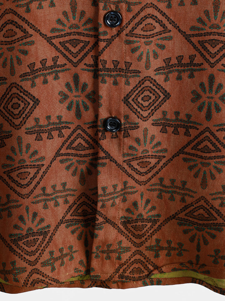 Chemise Homme Bohème en Rayon Imprimé Géométrique Tribal Orange à Manches Courtes