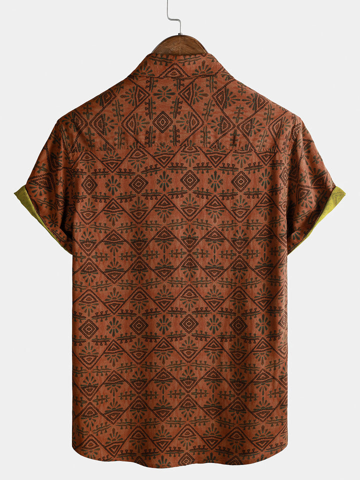 Chemise Homme Bohème en Rayon Imprimé Géométrique Tribal Orange à Manches Courtes