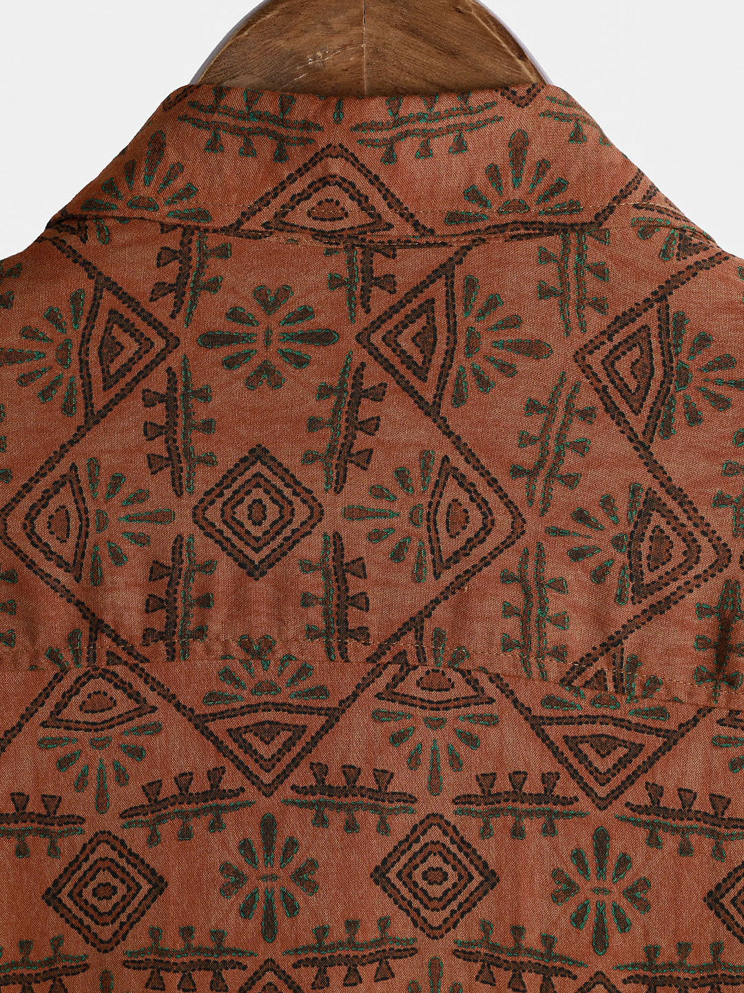 Chemise Homme Bohème en Rayon Imprimé Géométrique Tribal Orange à Manches Courtes