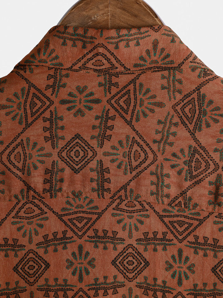 Chemise Homme Bohème en Rayon Imprimé Géométrique Tribal Orange à Manches Courtes