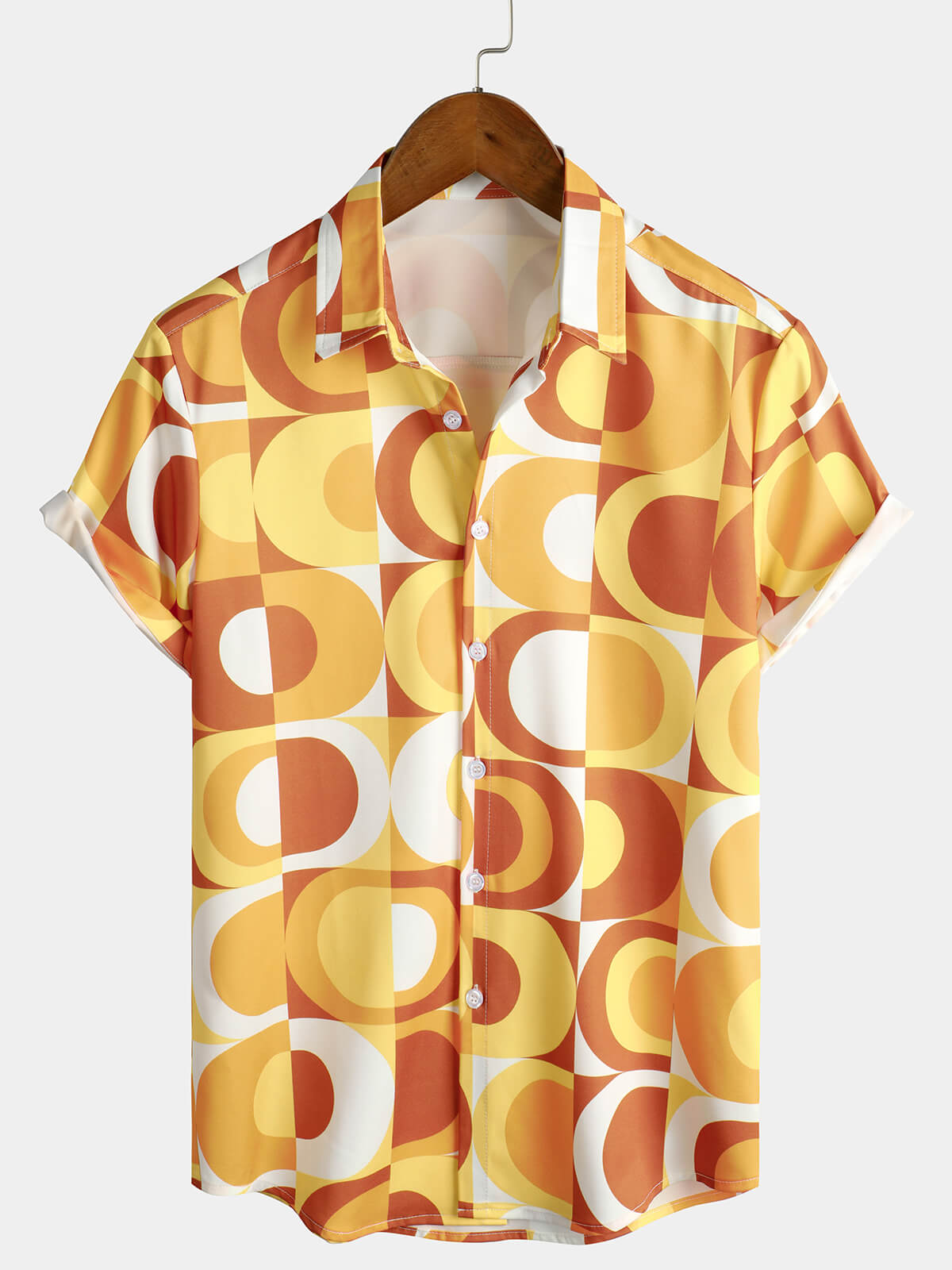 Chemise d'Été Rétro pour Homme, Boutons, Orange Vintage, Géométrique, Disco, Plage, Fraîche, à Manches Courtes
