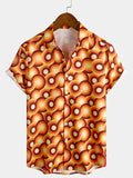 Chemise d'Homme Orange Rétro des Années 70, Bouton Haut, Vintage, Géométrique, Circulaire, d'Été, à Manches Courtes