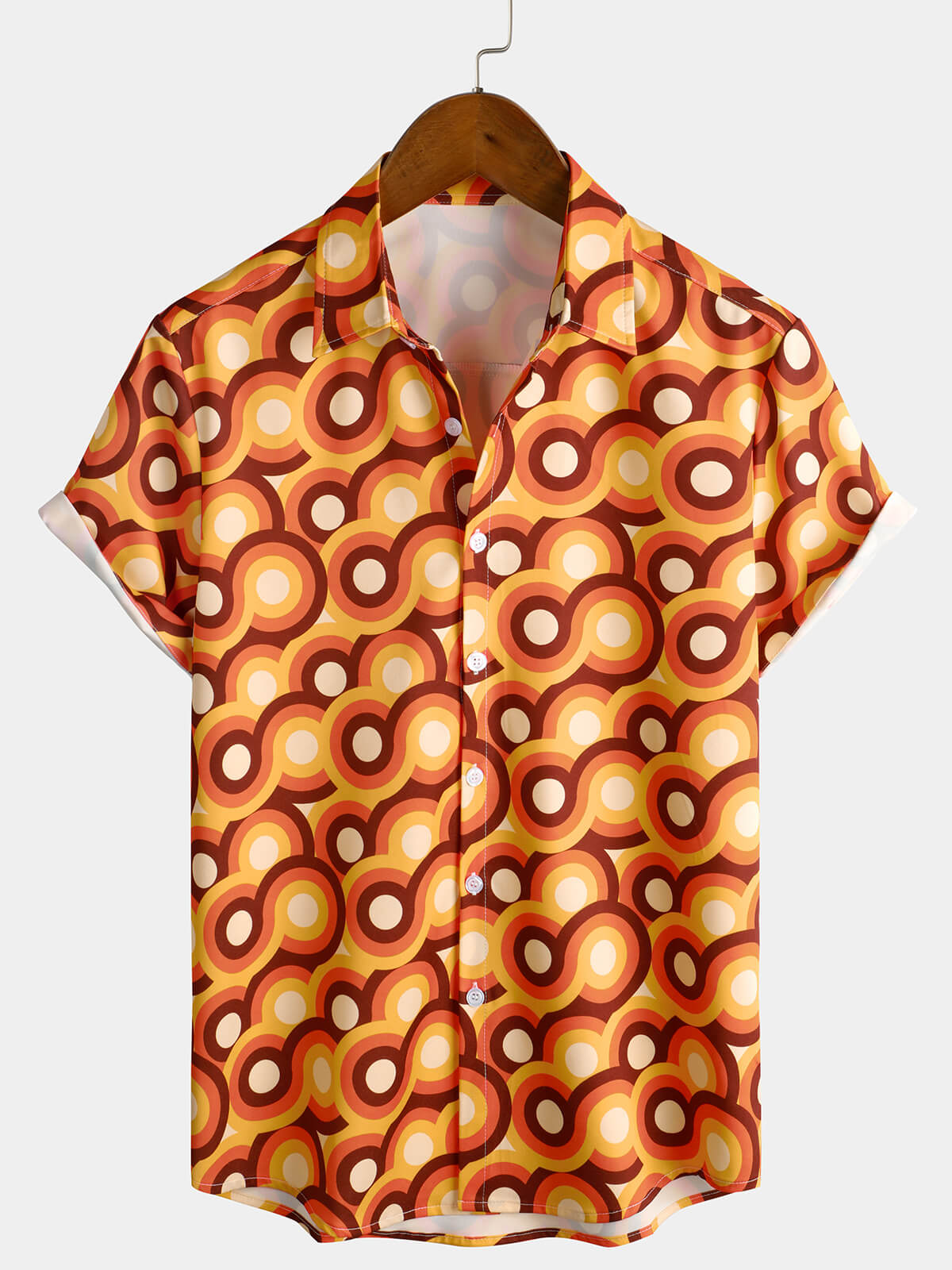 Chemise d'Homme Orange Rétro des Années 70, Bouton Haut, Vintage, Géométrique, Circulaire, d'Été, à Manches Courtes
