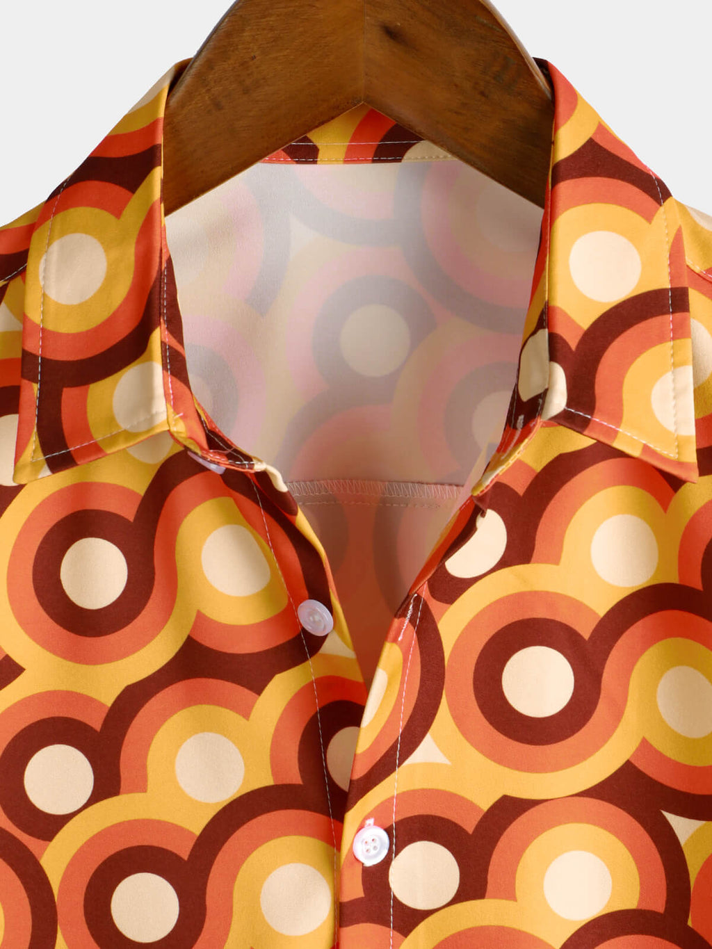 Chemise d'Homme Orange Rétro des Années 70, Bouton Haut, Vintage, Géométrique, Circulaire, d'Été, à Manches Courtes
