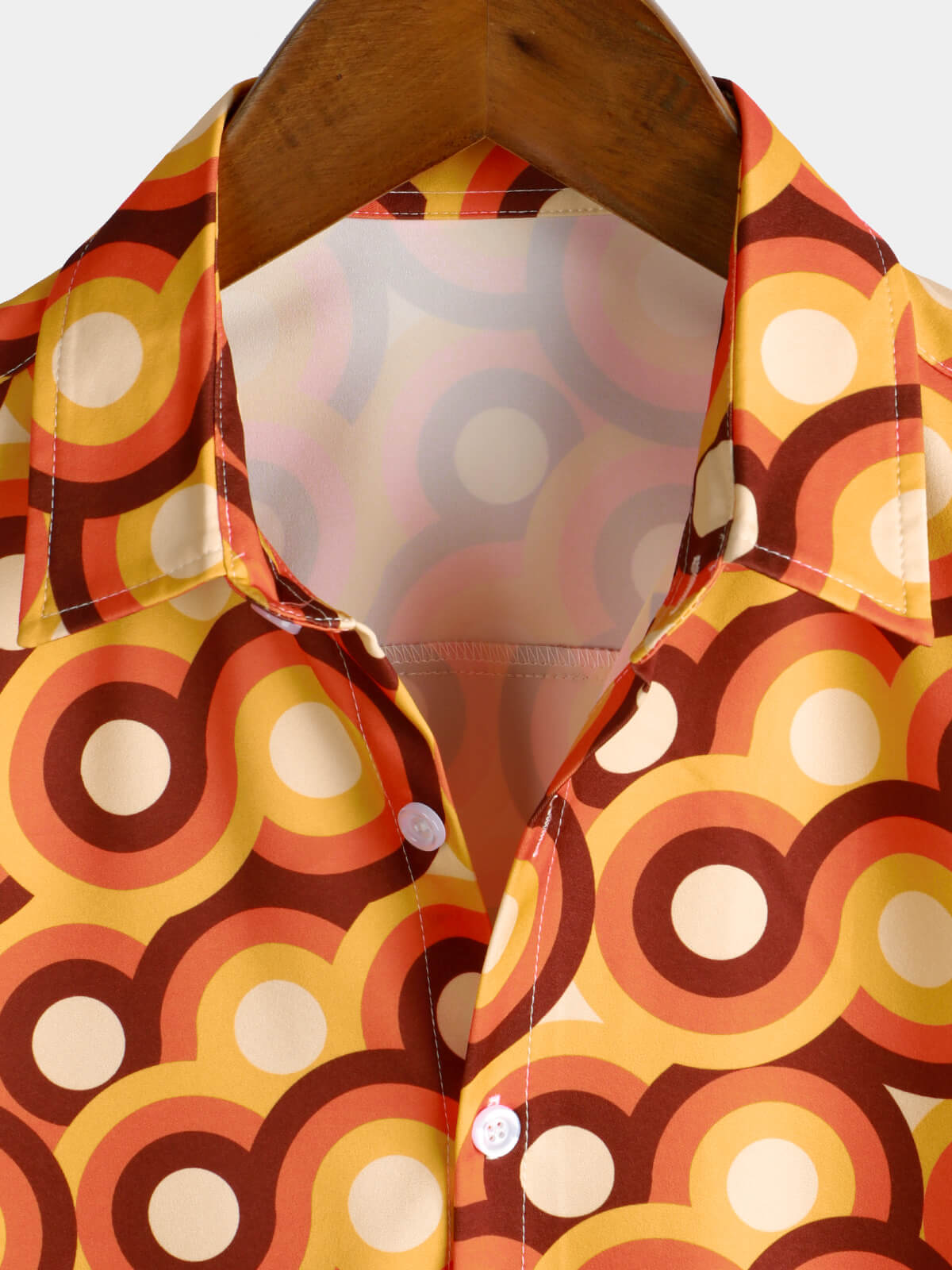 Chemise d'Homme Orange Rétro des Années 70, Bouton Haut, Vintage, Géométrique, Circulaire, d'Été, à Manches Courtes