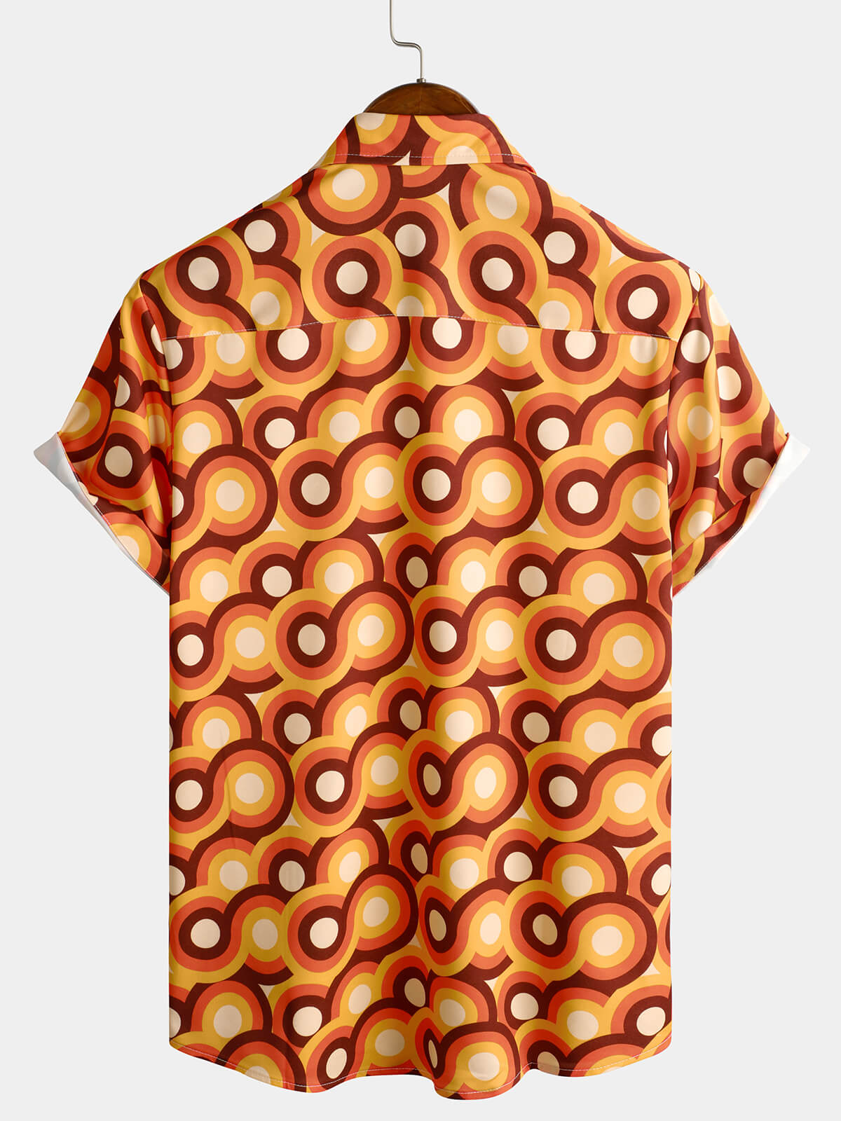 Chemise d'Homme Orange Rétro des Années 70, Bouton Haut, Vintage, Géométrique, Circulaire, d'Été, à Manches Courtes