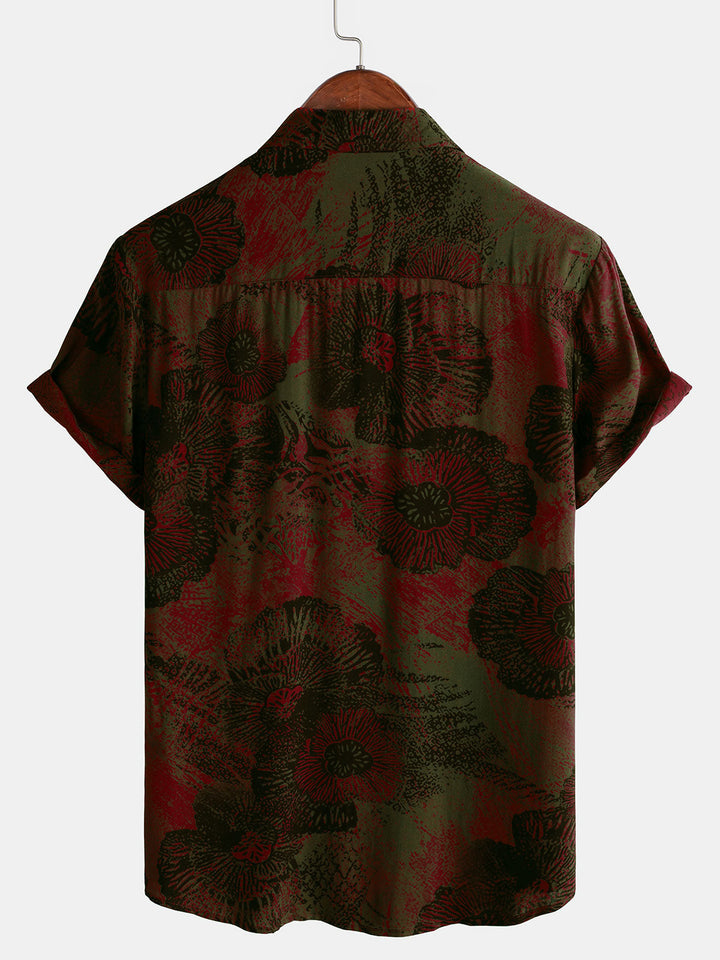 Chemise décontractée à manches courtes boutonnée à fleurs rétro pour hommes