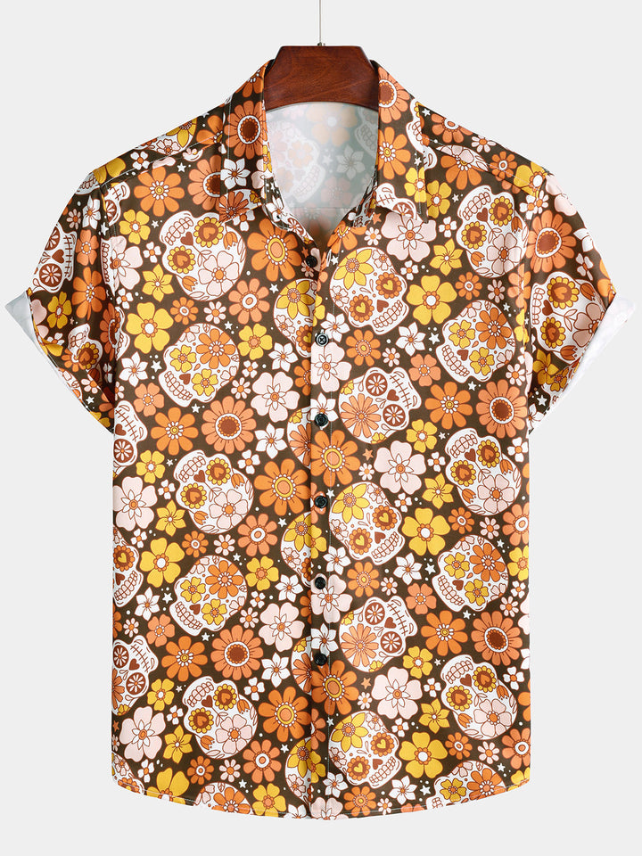 Chemise Homme à Imprimé Sugar Skull et Marguerites Style Vacances Manches Courtes