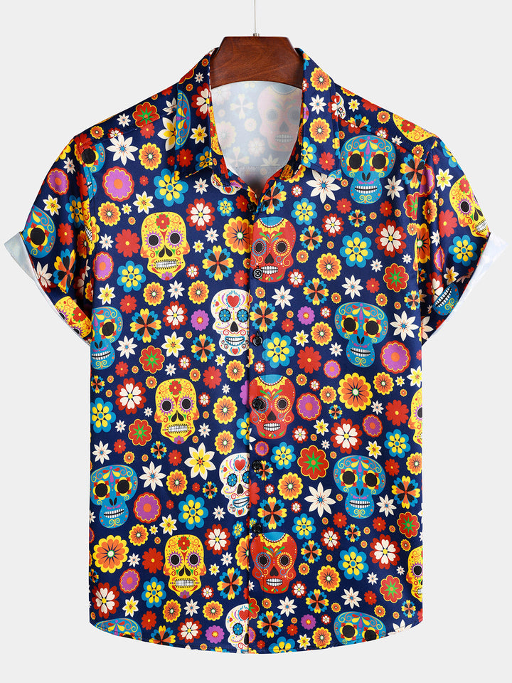 Chemise Homme à Motif Sugar Skull Style Punk Rock Vacances Plage Manches Courtes