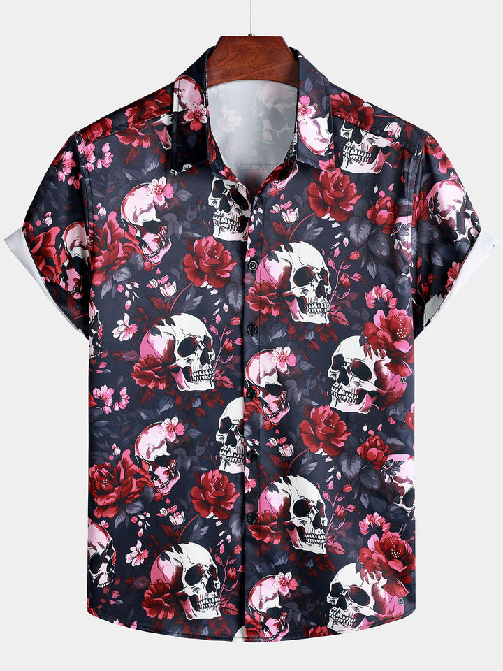 Chemise Homme à Imprimé Floral et Tête de Mort Style Punk Rock Plage Manches Courtes