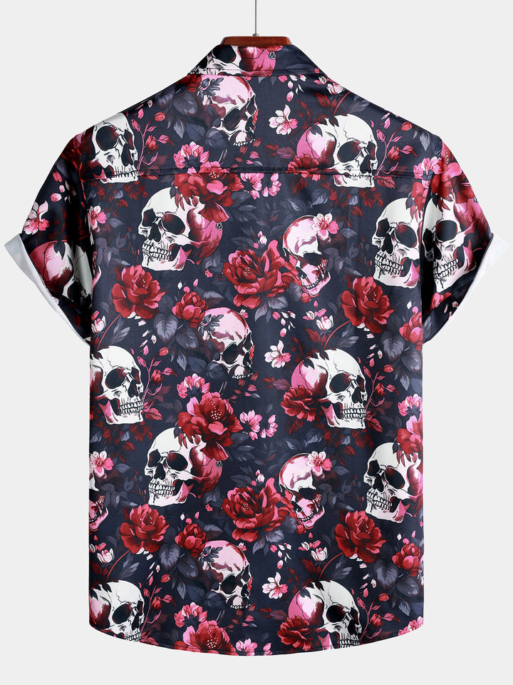 Chemise Homme à Imprimé Floral et Tête de Mort Style Punk Rock Plage Manches Courtes