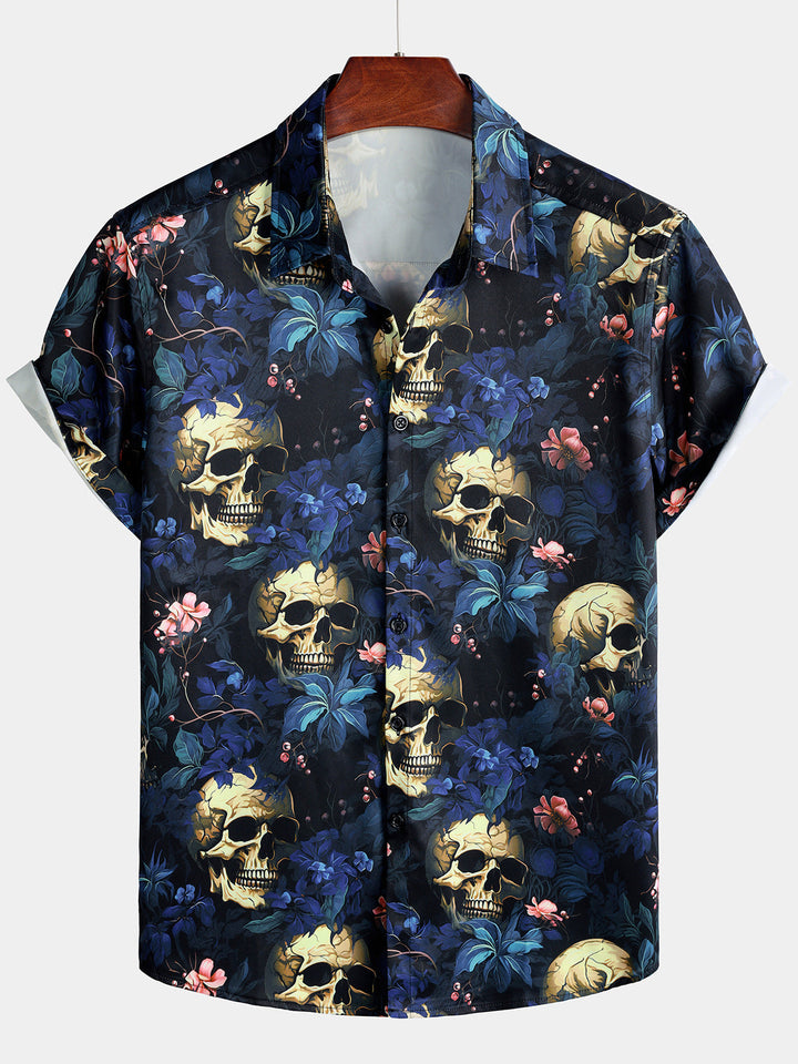 Chemise Homme à Imprimé Tête de Mort Dorée et Floral Style Punk Manches Courtes