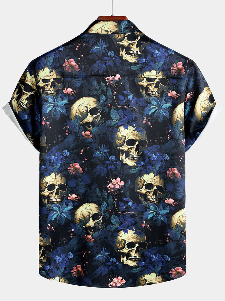 Chemise Homme à Imprimé Tête de Mort Dorée et Floral Style Punk Manches Courtes