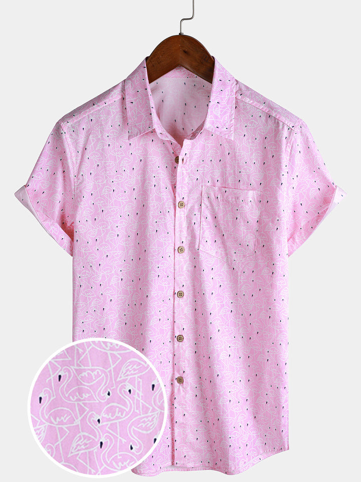 Chemise Homme Flamant Rose Plage Manches Courtes