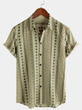 Chemise à manches courtes vintage pour hommes, rétro, kaki, imprimé rayé, boutonnée, années 70