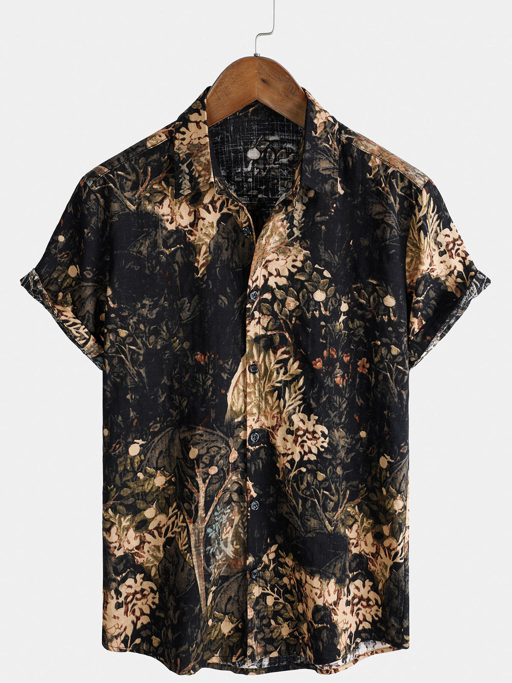 Chemise boutonnée à manches courtes pour homme avec imprimé végétal rétro