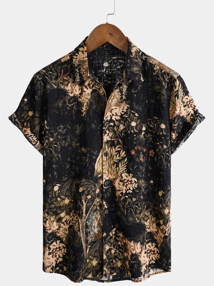 Chemise boutonnée à manches courtes pour homme avec imprimé végétal rétro